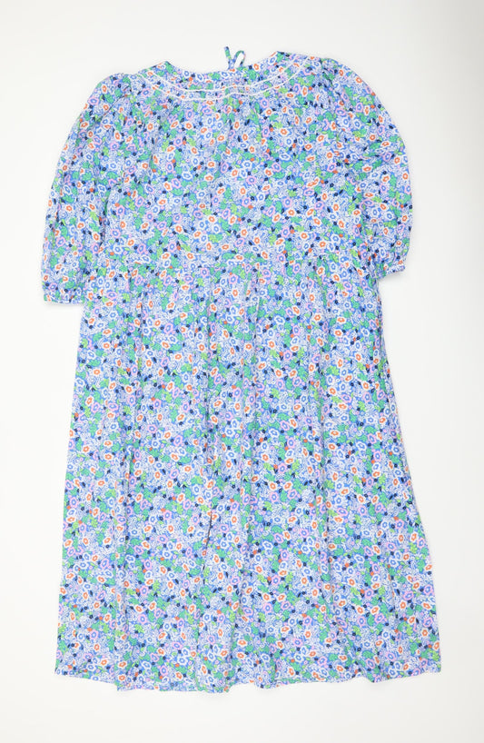 Marks and Spencer Womens Blue Floral Cotton A-Line Size 12 Round Neck Tie