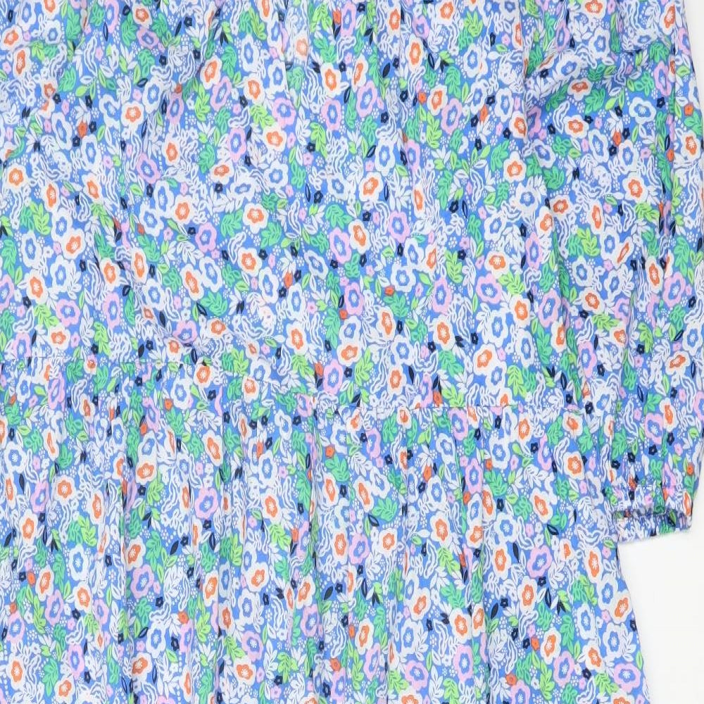 Marks and Spencer Womens Blue Floral Cotton A-Line Size 12 Round Neck Tie