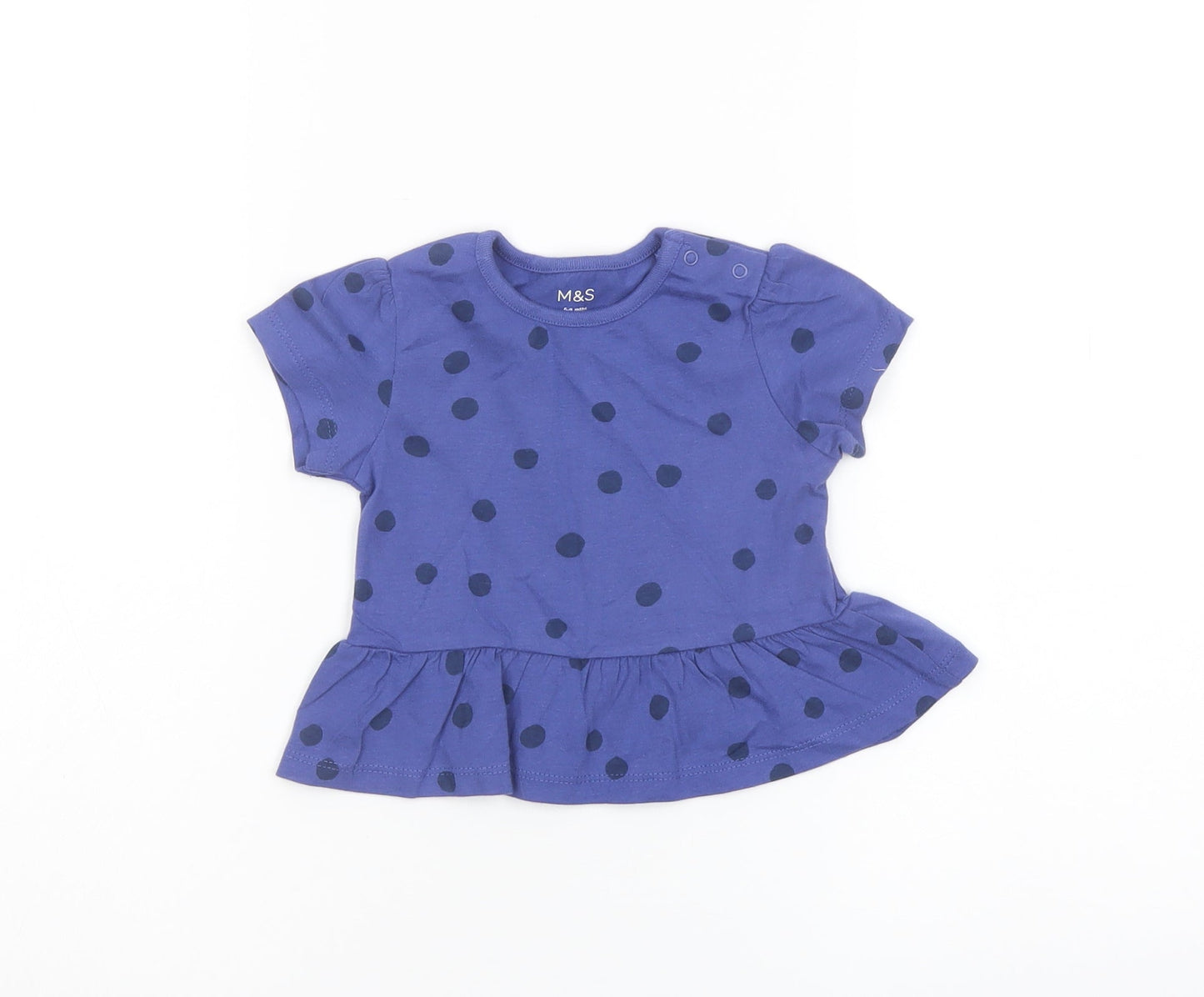 Marks and Spencer Girls Blue Polka Dot Cotton Basic T-Shirt Size 6-9 Months Crew Neck Snap