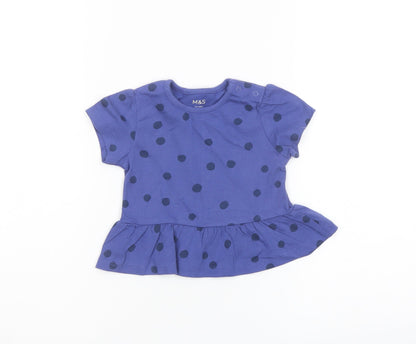 Marks and Spencer Girls Blue Polka Dot Cotton Basic T-Shirt Size 6-9 Months Crew Neck Snap