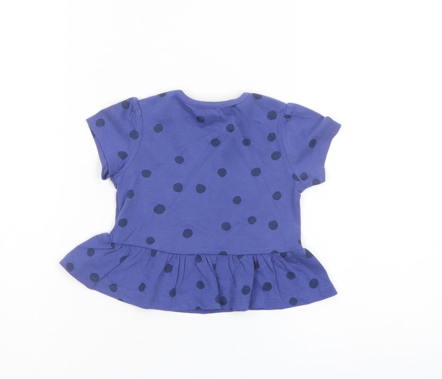 Marks and Spencer Girls Blue Polka Dot Cotton Basic T-Shirt Size 6-9 Months Crew Neck Snap