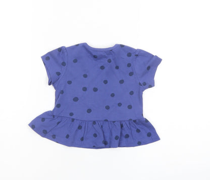 Marks and Spencer Girls Blue Polka Dot Cotton Basic T-Shirt Size 6-9 Months Crew Neck Snap