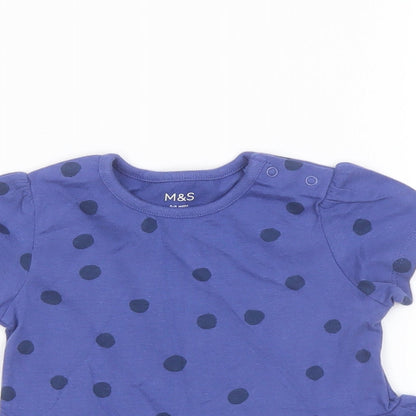 Marks and Spencer Girls Blue Polka Dot Cotton Basic T-Shirt Size 6-9 Months Crew Neck Snap