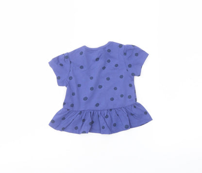 Marks and Spencer Girls Blue Polka Dot Cotton Basic T-Shirt Size 6-9 Months Crew Neck Snap