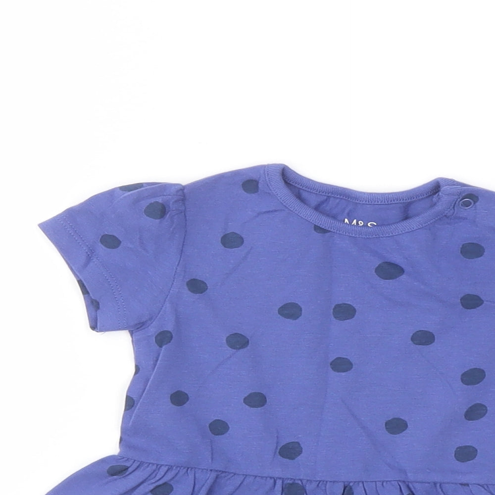 Marks and Spencer Girls Blue Polka Dot Cotton Basic T-Shirt Size 6-9 Months Crew Neck Snap