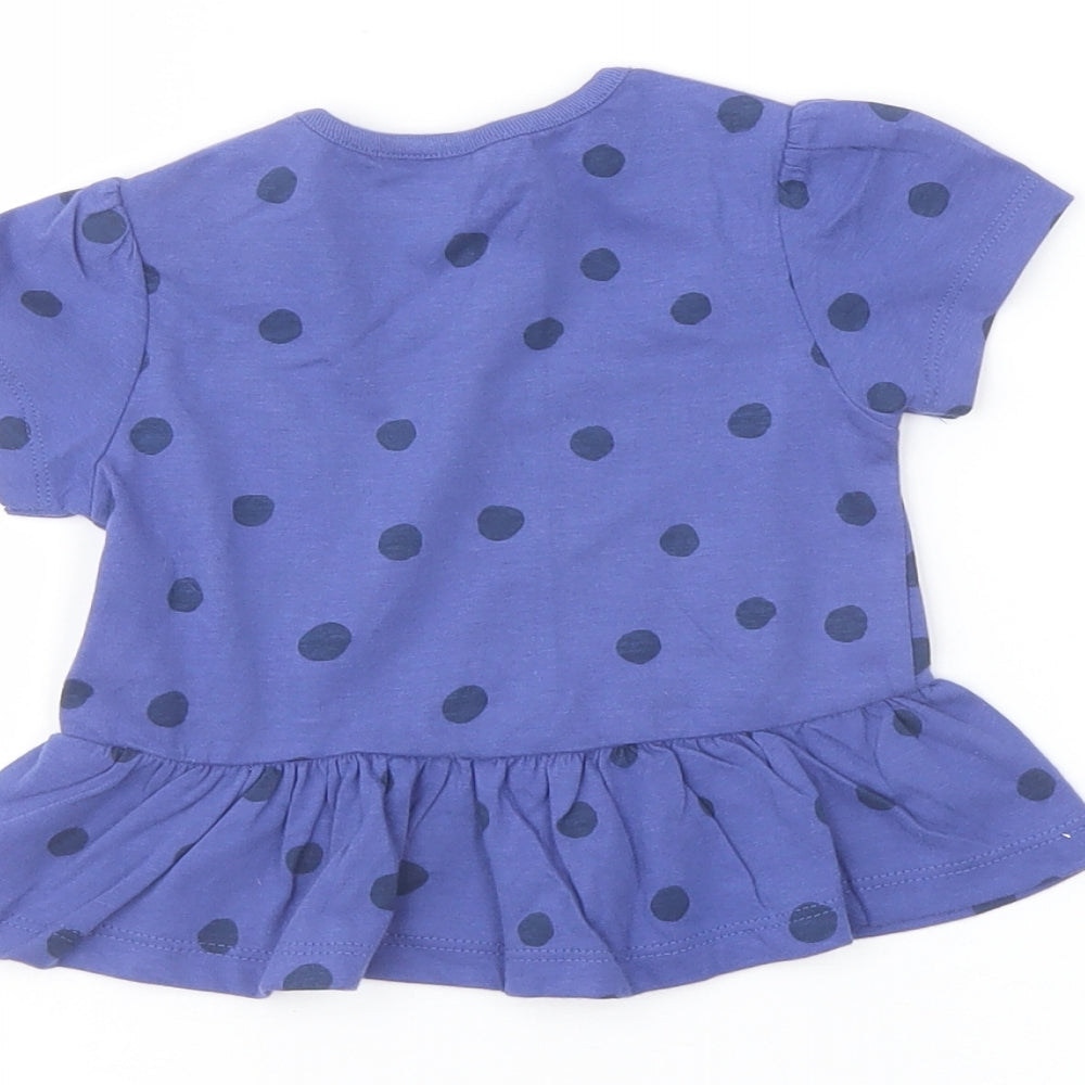 Marks and Spencer Girls Blue Polka Dot Cotton Basic T-Shirt Size 6-9 Months Crew Neck Snap