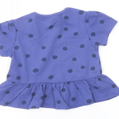 Marks and Spencer Girls Blue Polka Dot Cotton Basic T-Shirt Size 6-9 Months Crew Neck Snap