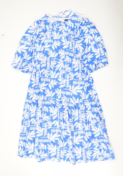 Marks and Spencer Womens Blue Geometric Cotton A-Line Size 12 Round Neck Tie