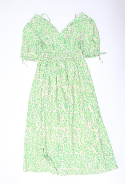 Marks and Spencer Womens Green Animal Print Viscose A-Line Size 8 V-Neck Pullover
