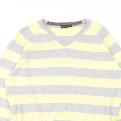 Burton Mens Yellow V-Neck Striped Cotton Pullover Jumper Size M Long Sleeve