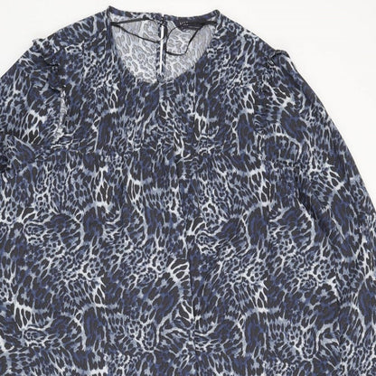 Marks and Spencer Womens Blue Animal Print Polyester Sheath Size 24 Round Neck Button - Leopard Print