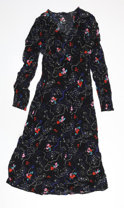 Marks and Spencer Womens Black Geometric Viscose A-Line Size 10 V-Neck Zip - Tie Detail