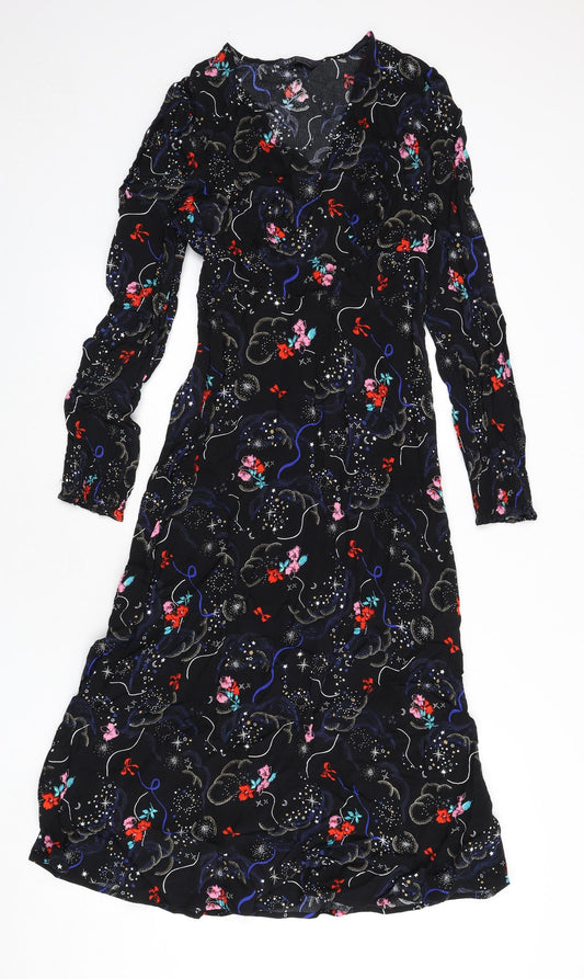 Marks and Spencer Womens Black Geometric Viscose A-Line Size 10 V-Neck Zip - Tie Detail