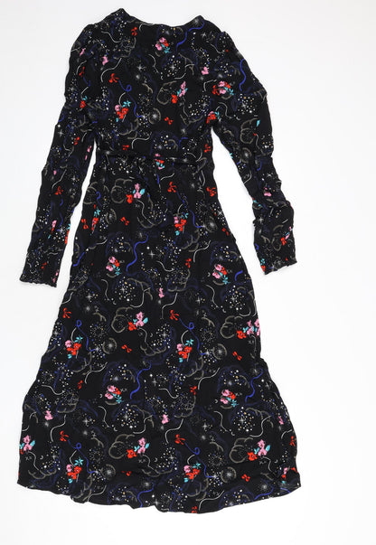 Marks and Spencer Womens Black Geometric Viscose A-Line Size 10 V-Neck Zip - Tie Detail