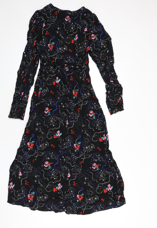 Marks and Spencer Womens Black Geometric Viscose A-Line Size 10 V-Neck Zip - Tie Detail