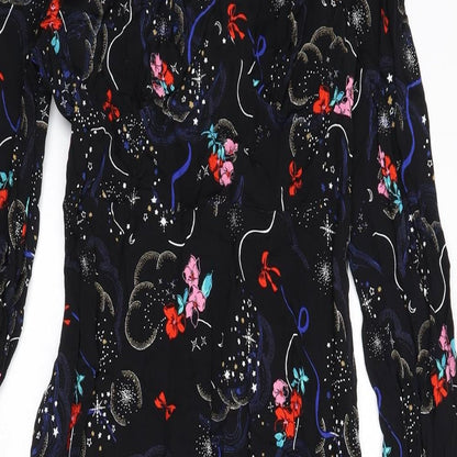 Marks and Spencer Womens Black Geometric Viscose A-Line Size 10 V-Neck Zip - Tie Detail