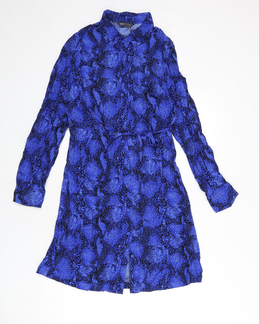 Marks and Spencer Womens Blue Animal Print Viscose Shirt Dress Size 10 Collared Button - Snake Skin Print, Tie Detail