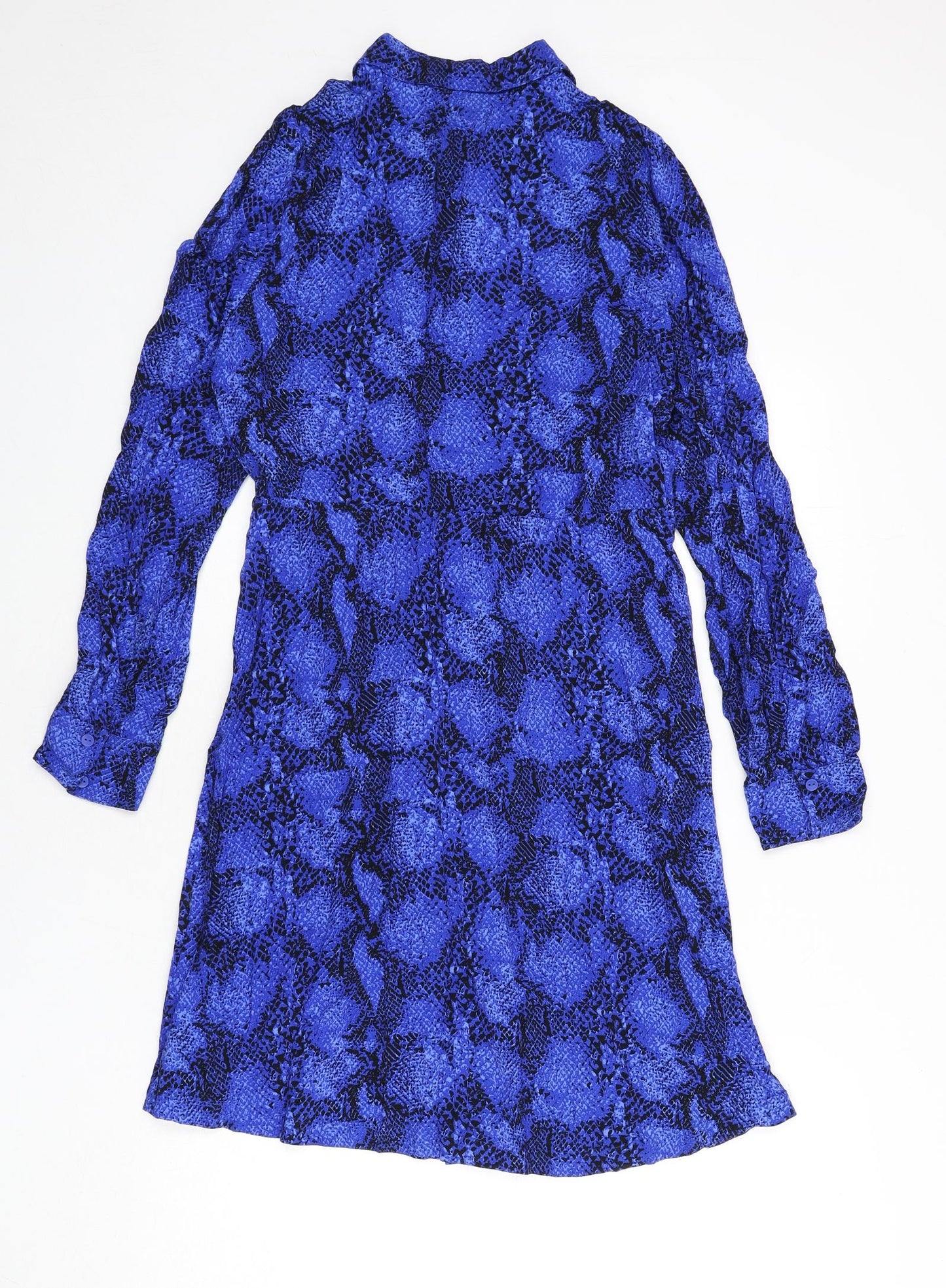 Marks and Spencer Womens Blue Animal Print Viscose Shirt Dress Size 10 Collared Button - Snake Skin Print, Tie Detail