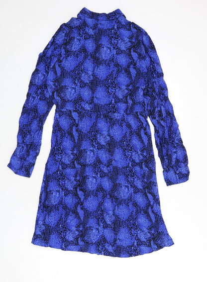 Marks and Spencer Womens Blue Animal Print Viscose Shirt Dress Size 10 Collared Button - Snake Skin Print, Tie Detail