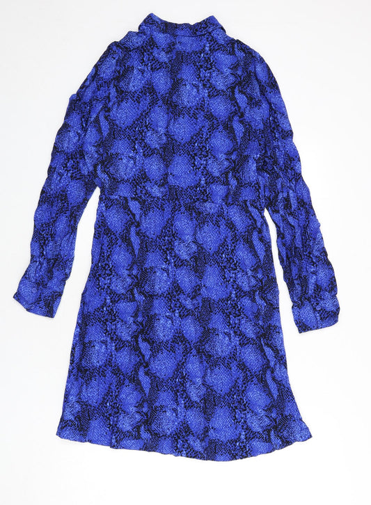 Marks and Spencer Womens Blue Animal Print Viscose Shirt Dress Size 10 Collared Button - Snake Skin Print, Tie Detail