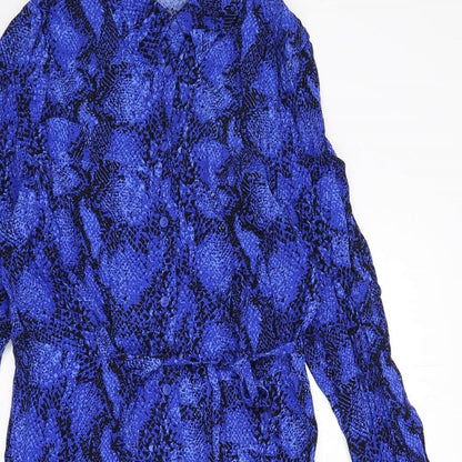 Marks and Spencer Womens Blue Animal Print Viscose Shirt Dress Size 10 Collared Button - Snake Skin Print, Tie Detail