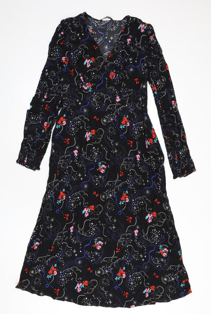 Marks and Spencer Womens Black Geometric Viscose A-Line Size 10 V-Neck Zip - Tie Detail