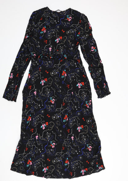 Marks and Spencer Womens Black Geometric Viscose A-Line Size 10 V-Neck Zip - Tie Detail
