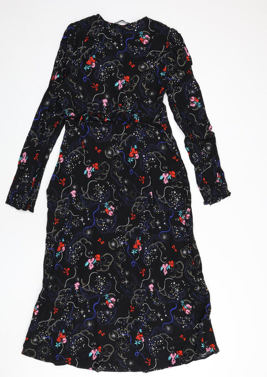 Marks and Spencer Womens Black Geometric Viscose A-Line Size 10 V-Neck Zip - Tie Detail