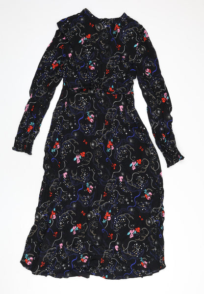 Marks and Spencer Womens Black Viscose A-Line Size 10 V-Neck Zip - Tie Detail