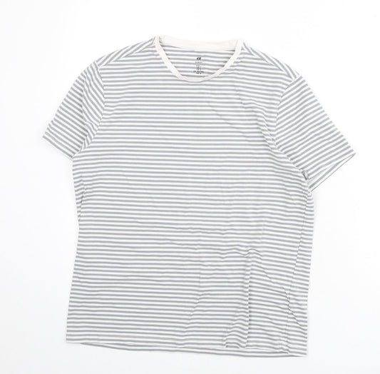 H&M Womens Grey Striped Cotton Basic T-Shirt Size L Round Neck