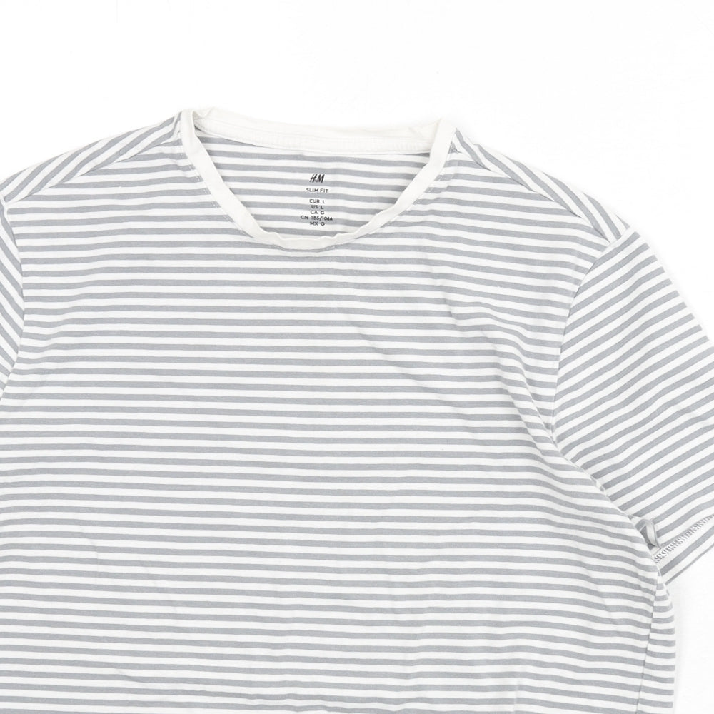 H&M Womens Grey Striped Cotton Basic T-Shirt Size L Round Neck