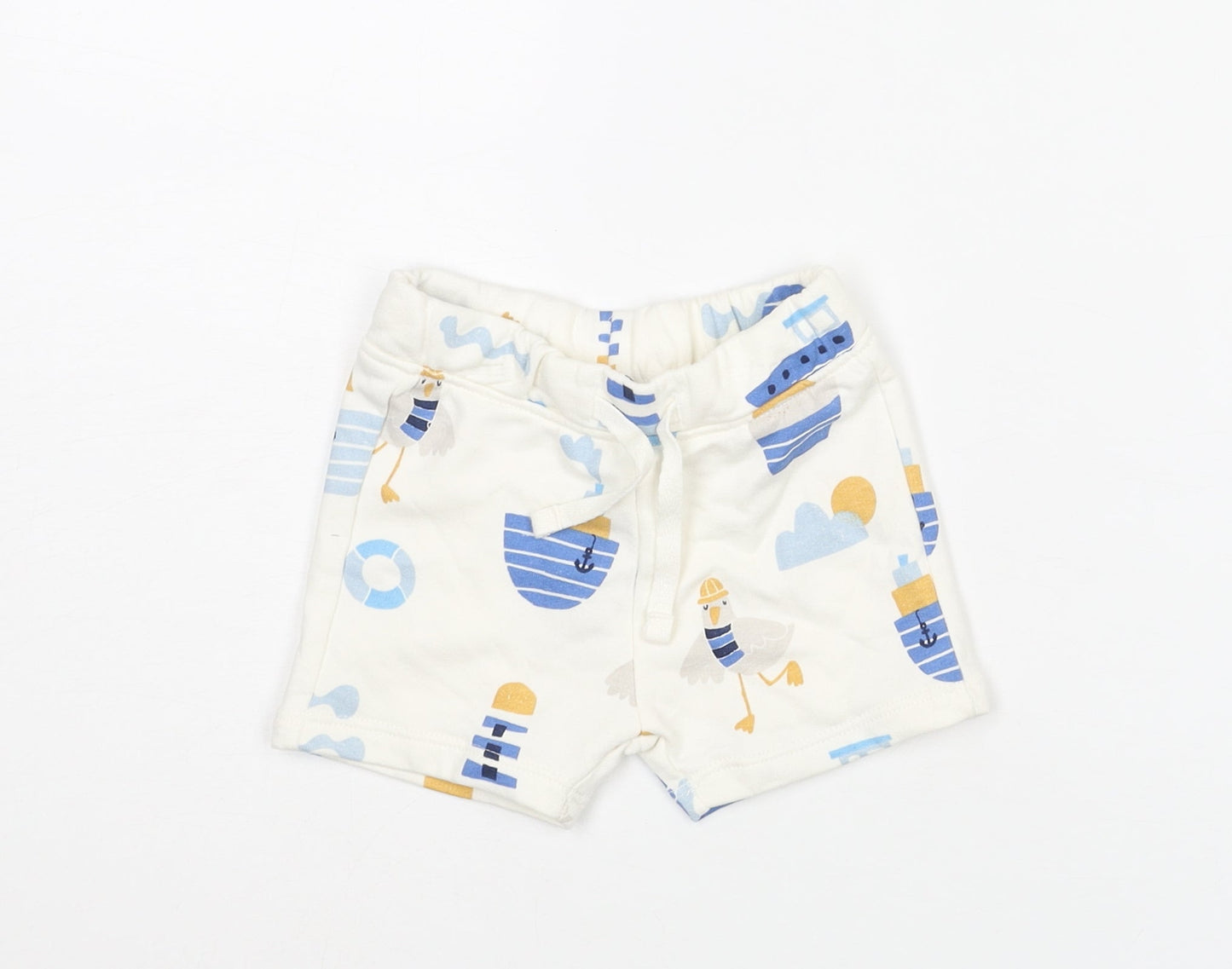 Marks and Spencer Boys White Geometric Cotton Cropped Trousers Size 3-6 Months Drawstring - Seagull Boat Print