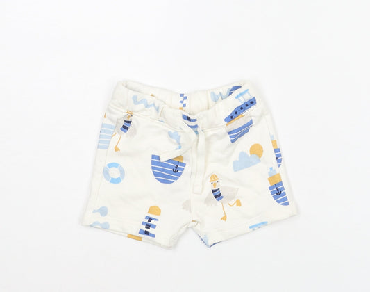 Marks and Spencer Boys White Geometric Cotton Cropped Trousers Size 3-6 Months Drawstring - Seagull Boat Print