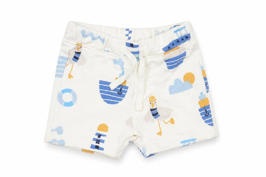 Marks and Spencer Boys White Geometric Cotton Cropped Trousers Size 3-6 Months Drawstring - Seagull Boat Print