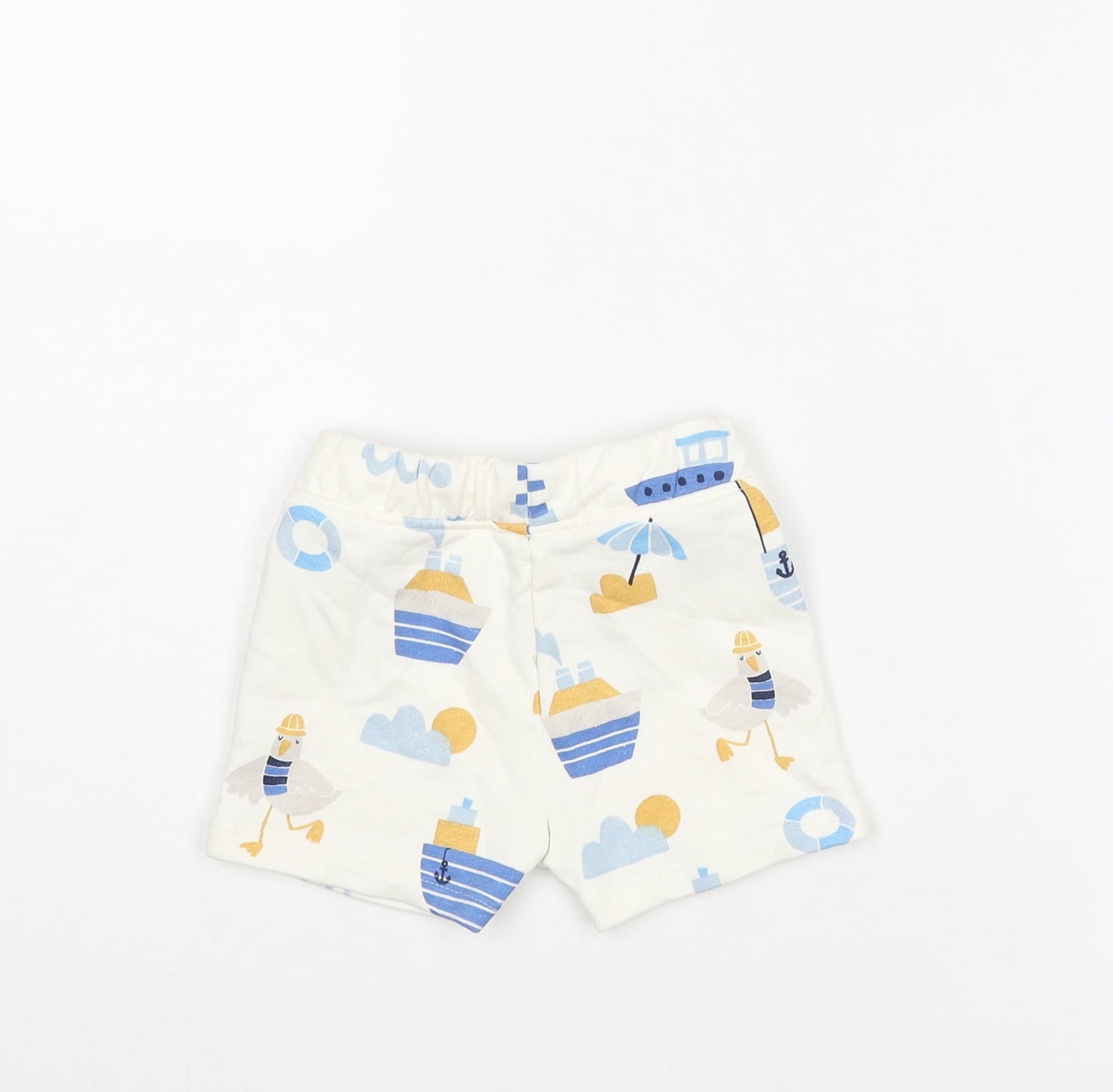 Marks and Spencer Boys White Geometric Cotton Cropped Trousers Size 3-6 Months Drawstring - Seagull Boat Print