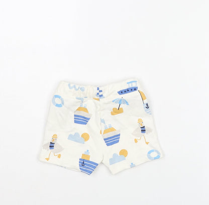Marks and Spencer Boys White Geometric Cotton Cropped Trousers Size 3-6 Months Drawstring - Seagull Boat Print
