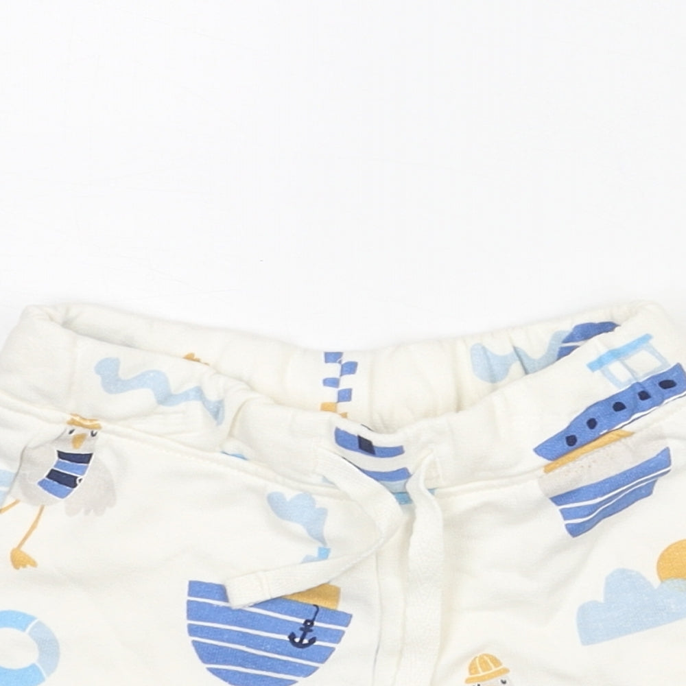 Marks and Spencer Boys White Geometric Cotton Cropped Trousers Size 3-6 Months Drawstring - Seagull Boat Print