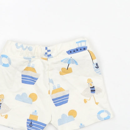 Marks and Spencer Boys White Geometric Cotton Cropped Trousers Size 3-6 Months Drawstring - Seagull Boat Print