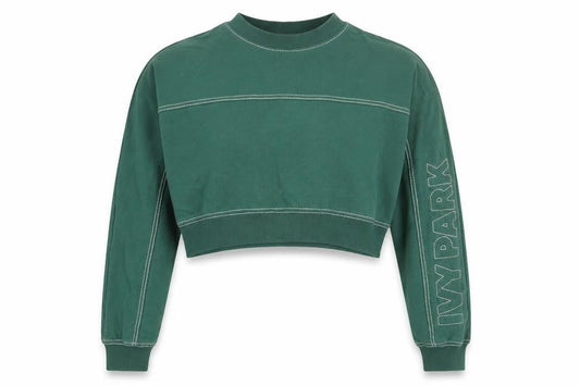 Front view of IVY PARK women’s green cotton pullover sweatshirt size 2xs pullover - ivy park logo stitch detail cropped