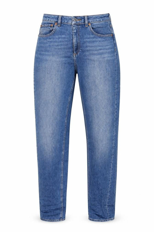Front view of ASOS women’s blue cotton tapered jeans, size UK 26, in, 36-inch leg regular zip