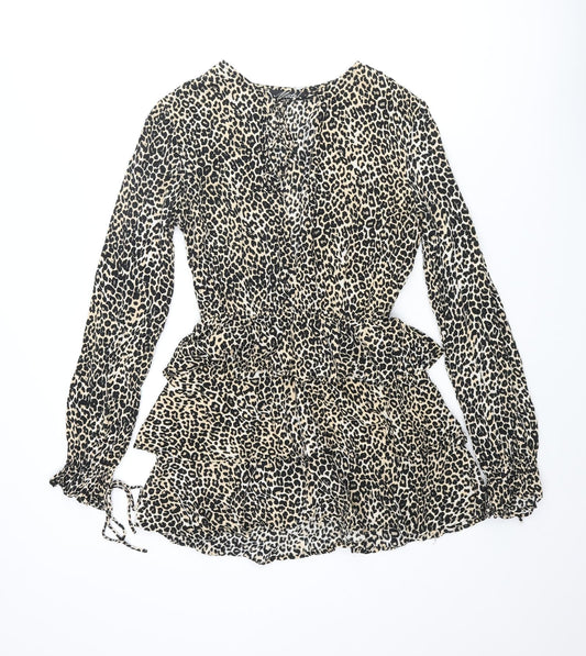 Motel Womens Beige Animal Print Viscose Skater Dress Size M V-Neck Tie - Leopard Print Frill