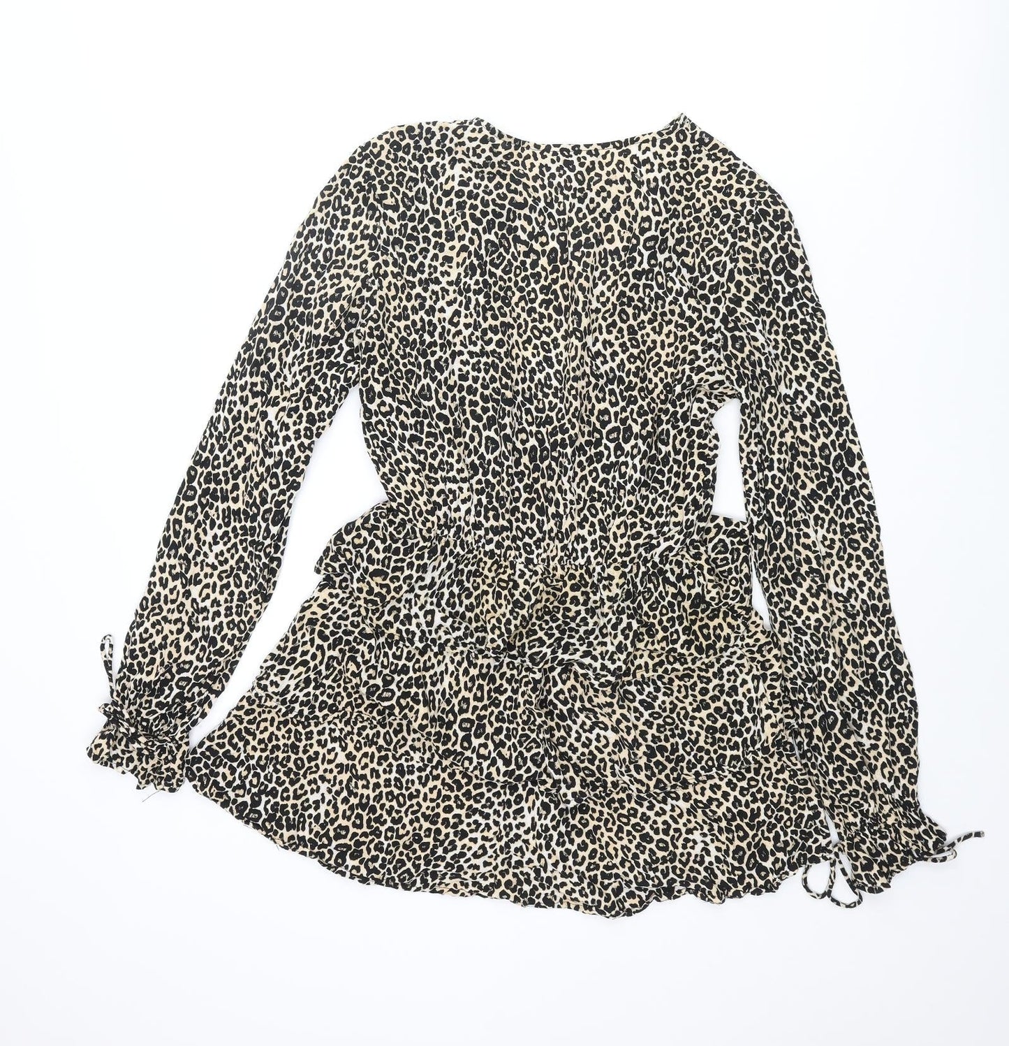 Motel Womens Beige Animal Print Viscose Skater Dress Size M V-Neck Tie - Leopard Print Frill