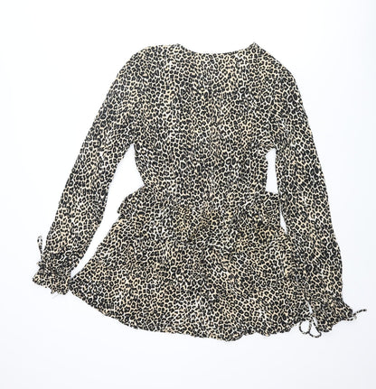 Motel Womens Beige Animal Print Viscose Skater Dress Size M V-Neck Tie - Leopard Print Frill