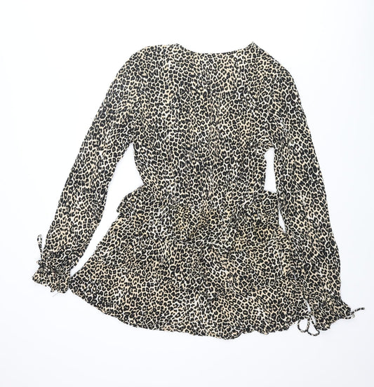 Motel Womens Beige Animal Print Viscose Skater Dress Size M V-Neck Tie - Leopard Print Frill