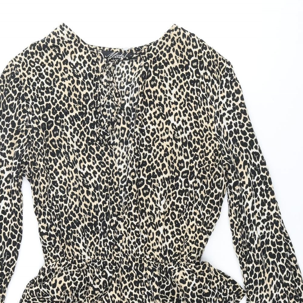 Motel Womens Beige Animal Print Viscose Skater Dress Size M V-Neck Tie - Leopard Print Frill