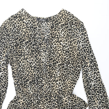 Motel Womens Beige Animal Print Viscose Skater Dress Size M V-Neck Tie - Leopard Print Frill