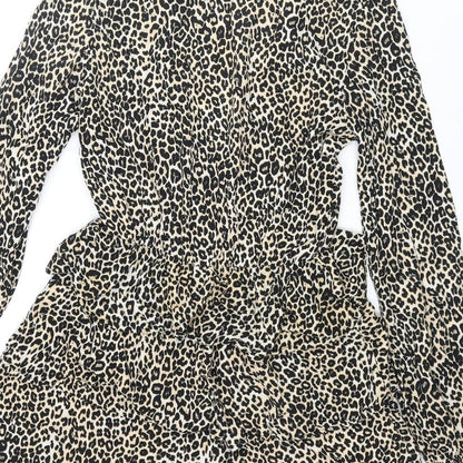 Motel Womens Beige Animal Print Viscose Skater Dress Size M V-Neck Tie - Leopard Print Frill