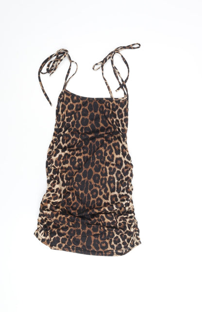 PRETTYLITTLETHING Womens Brown Animal Print Polyester Mini Size 8 Scoop Neck Pullover - Leopard Print Rouched