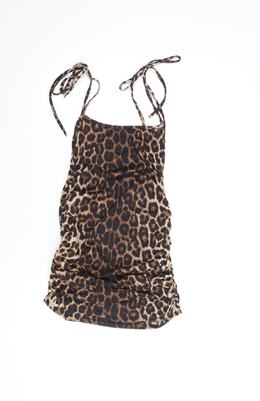 PRETTYLITTLETHING Womens Brown Animal Print Polyester Mini Size 8 Scoop Neck Pullover - Leopard Print Rouched