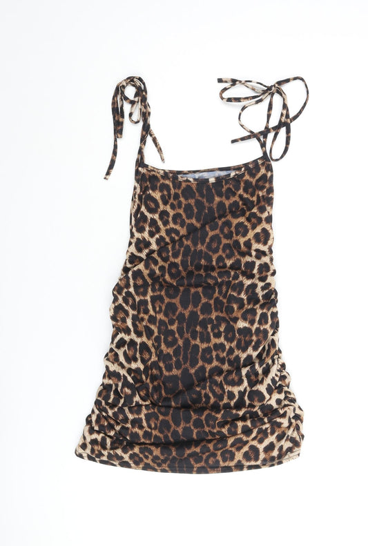 PRETTYLITTLETHING Womens Brown Animal Print Polyester Mini Size 8 Scoop Neck Pullover - Leopard Print Rouched